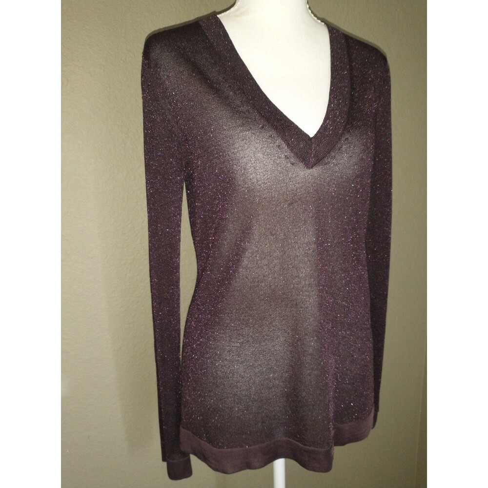 rag & bone Plum Metallic Shimmer V-Neck Sheer Knit Sweater Top Deep Burgundy